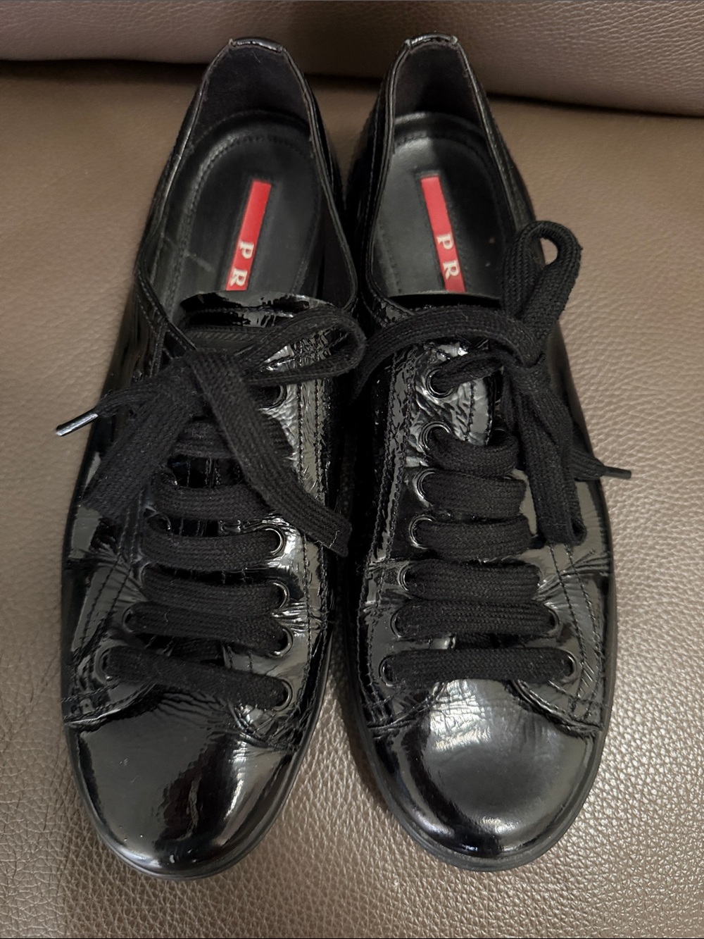 Ladies Prada Glossy Black Patent Leather  Lace-Up Shoes